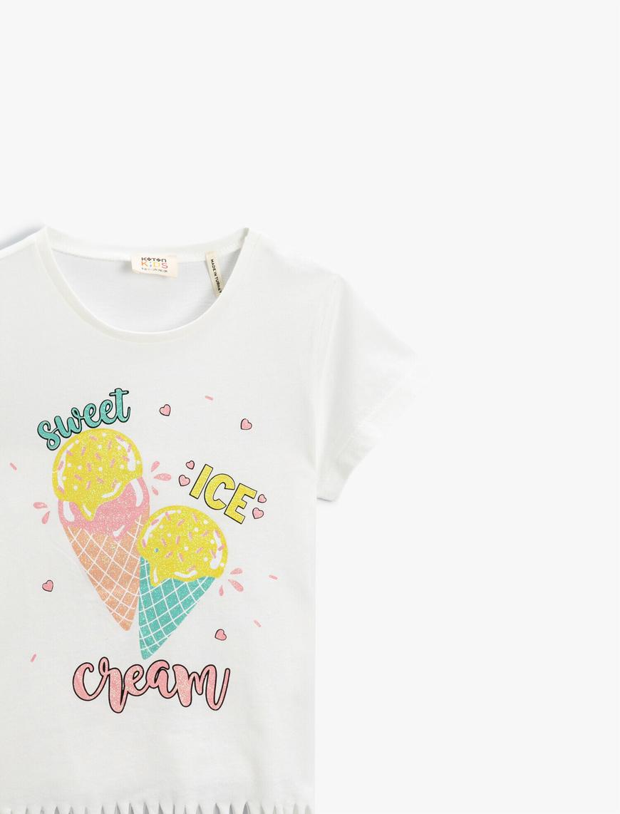  Kız Çocuk Dondurma Baskılı Simli Tişört Kısa Kollu Pamuklu