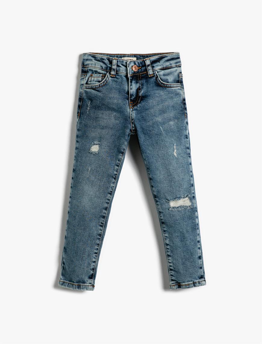  Erkek Çocuk Kot Pantolon Yıpratılmış Detaylı Pamuklu Cepli - Slim Jean