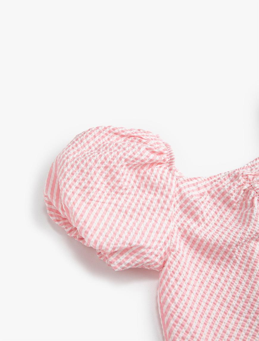  Kız Çocuk Çizgili Balon Kollu Bluz Büzgü Detaylı