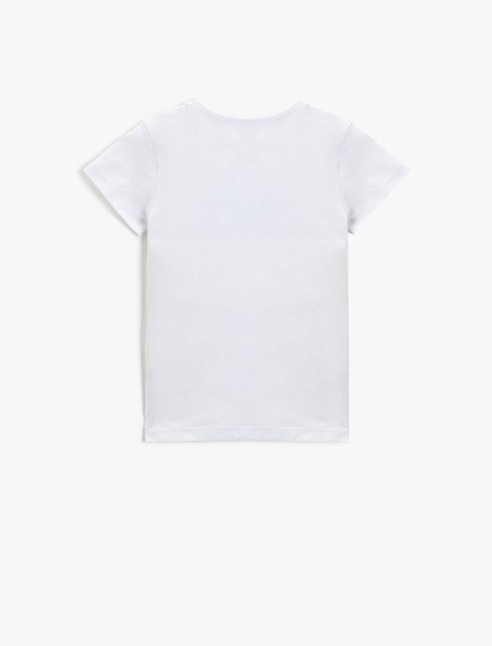 Kız Çocuk Payetli Kedi Baskılı Tişört Pamuklu Kısa Kollu