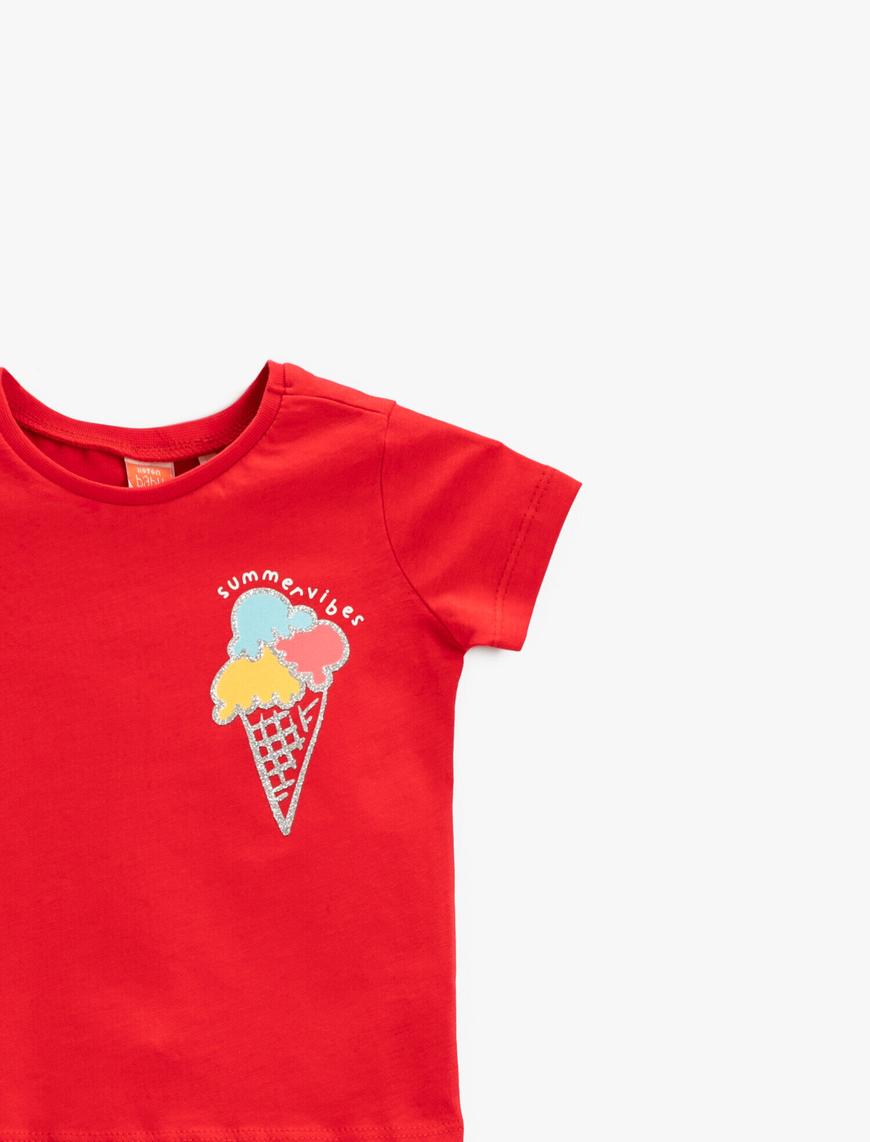  Kız Bebek Dondurma Baskılı Kısa Kollu Tişört Pamuklu