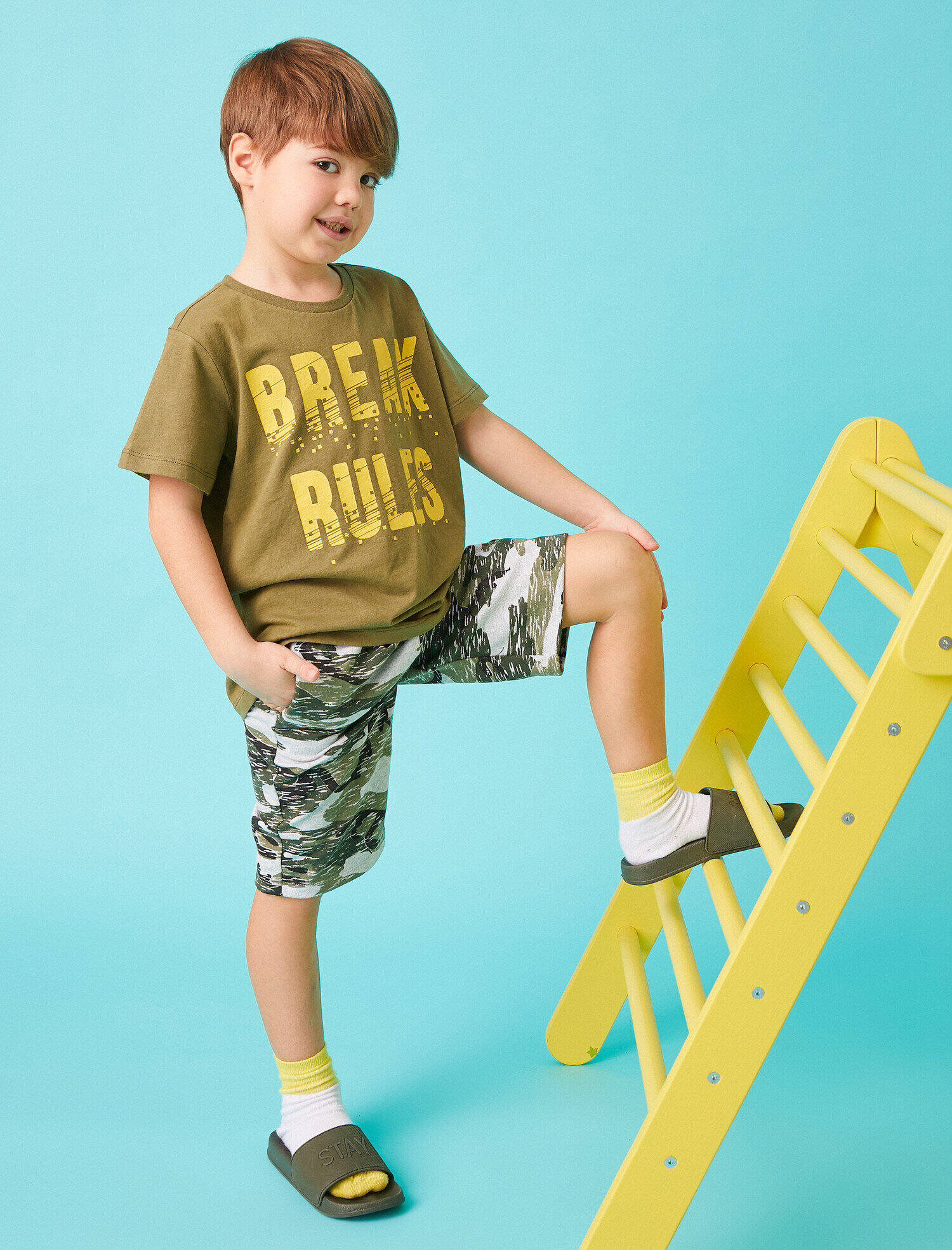  Erkek Çocuk Slogan Baskılı Kısa Kollu Tişört Pamuklu Bisiklet Yaka