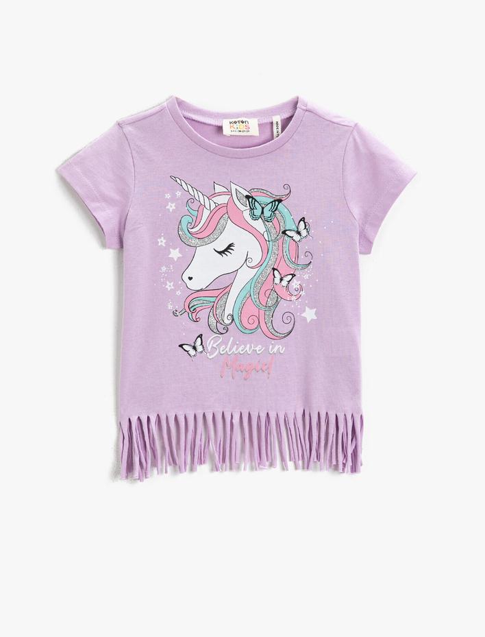 Kız Çocuk Unicorn Baskılı Püsküllü Tişört Kısa Kollu Pamuklu