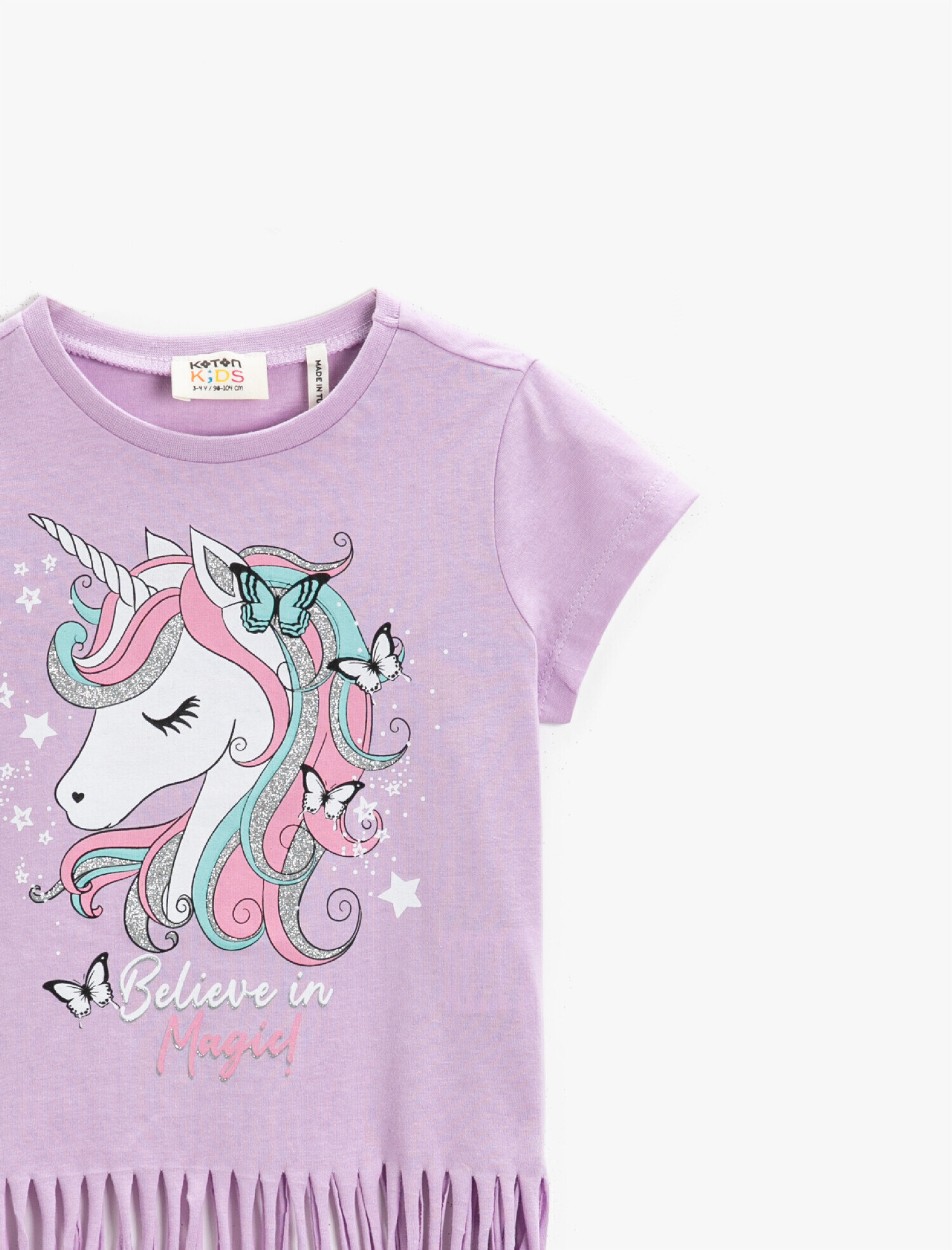  Kız Çocuk Unicorn Baskılı Püsküllü Tişört Kısa Kollu Pamuklu