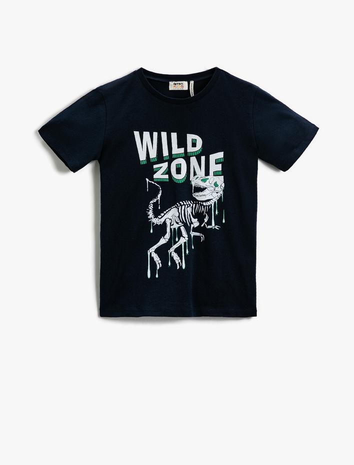 Erkek Çocuk Dinozor Baskılı Kısa Kollu Tişört Pamuklu