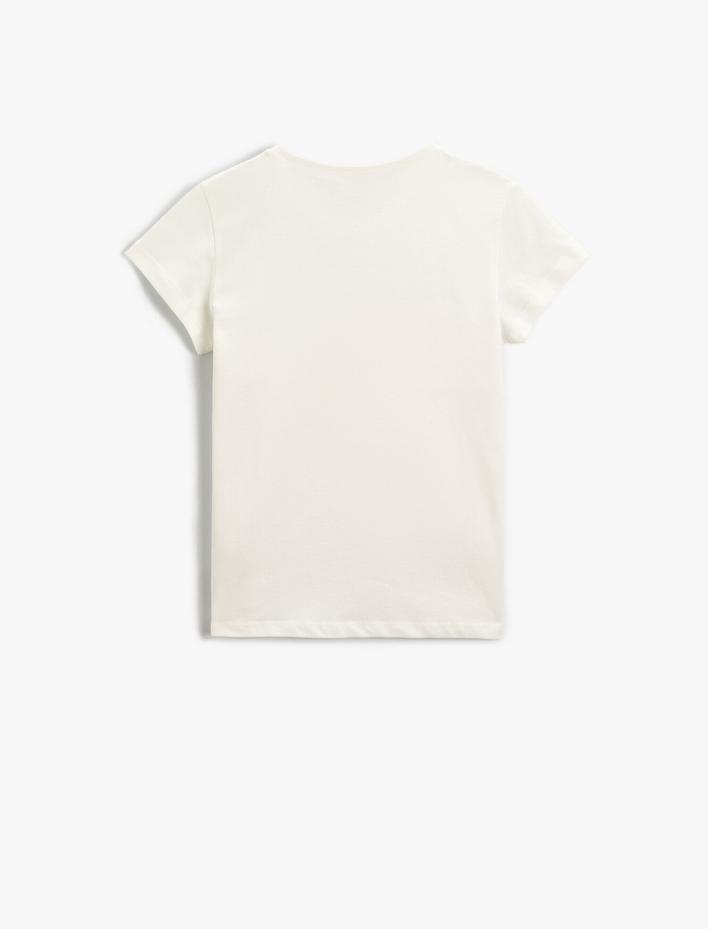 Kız Çocuk Slogan Baskılı Kabartma Simli Kısa Kollu Tişört Pamuklu