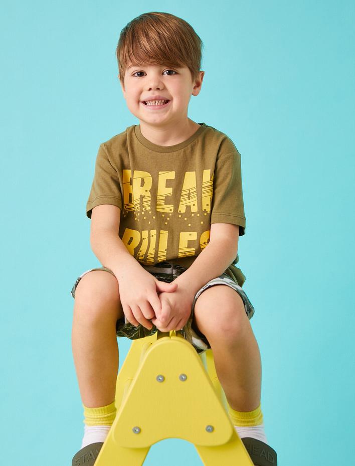 Erkek Çocuk Slogan Baskılı Kısa Kollu Tişört Pamuklu Bisiklet Yaka