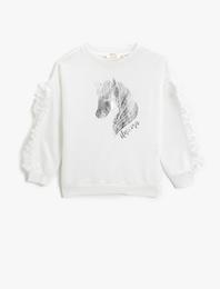 Unicorn Baskılı Uzun Kollu Sweatshirt Kol Detaylı Pamuklu