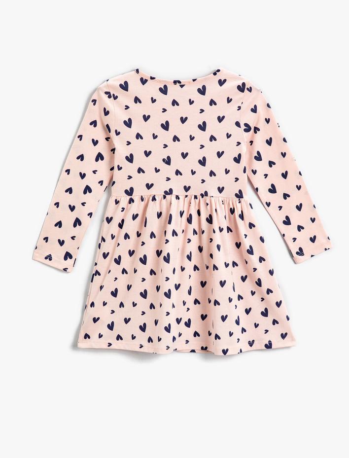 Kız Çocuk Elbise Kalp Baskılı Uzun Kollu Pamuklu