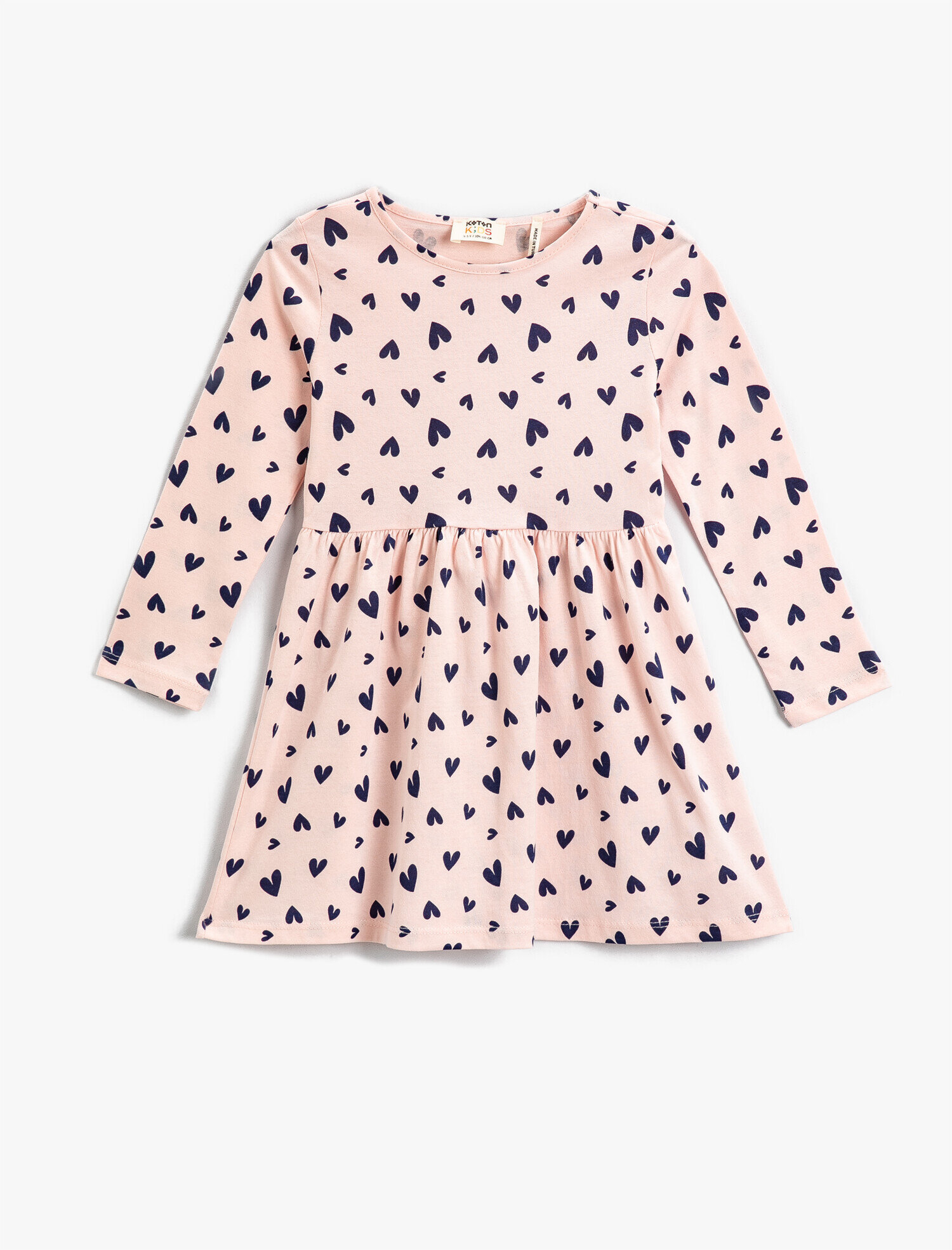  Kız Çocuk Elbise Kalp Baskılı Uzun Kollu Pamuklu