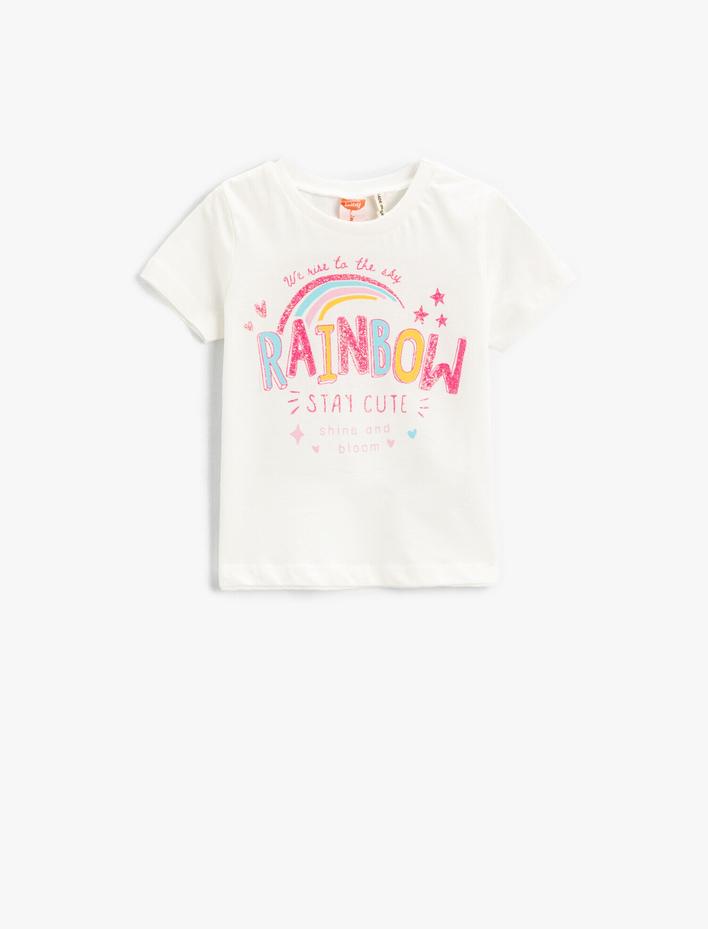 Kız Bebek Gökkuşağı Baskılı Kısa Kollu Tişört Pamuklu