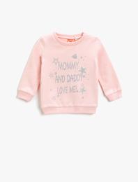 Simli Baskılı Bisiklet Yaka Sweatshirt Pamuklu