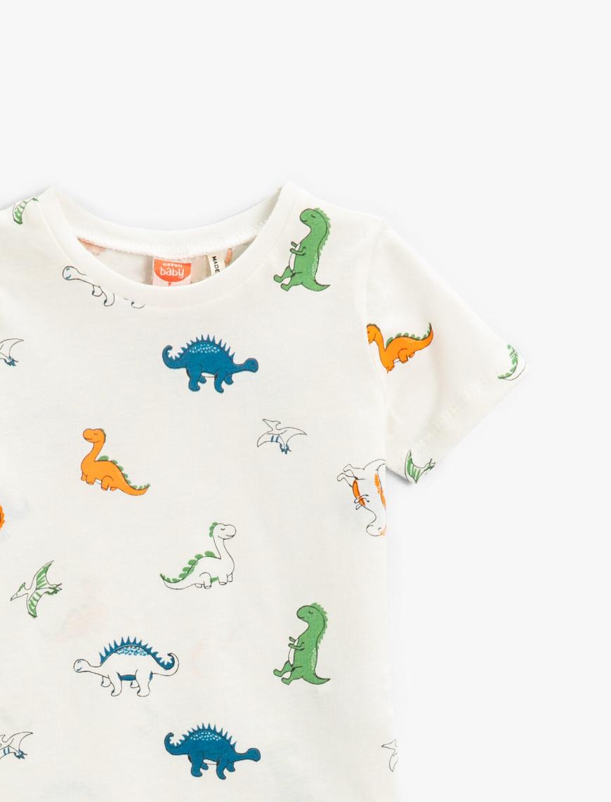  Erkek Bebek Dinozor Baskılı Kısa Kollu Tişört Pamuklu