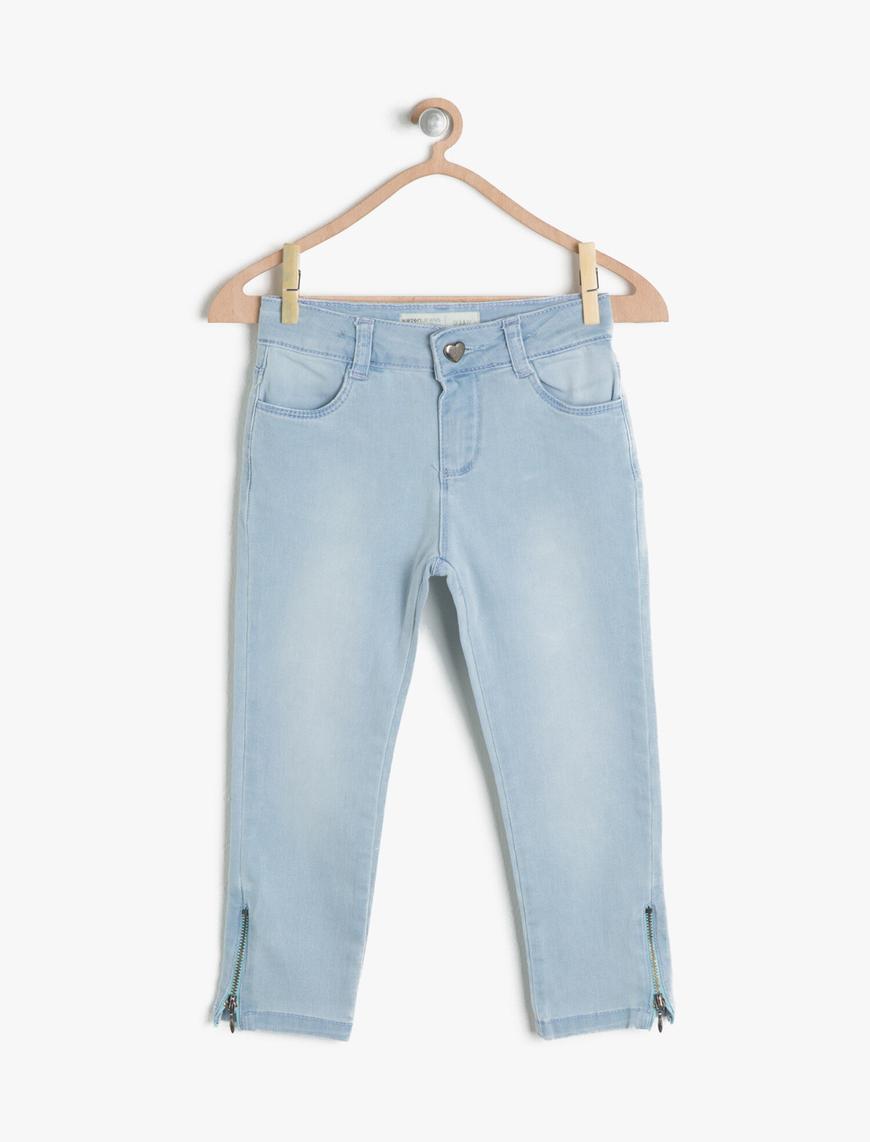  Kız Çocuk Kot Pantolon Pamuklu Paçaları Fermuar Detaylı - Skinny Jean