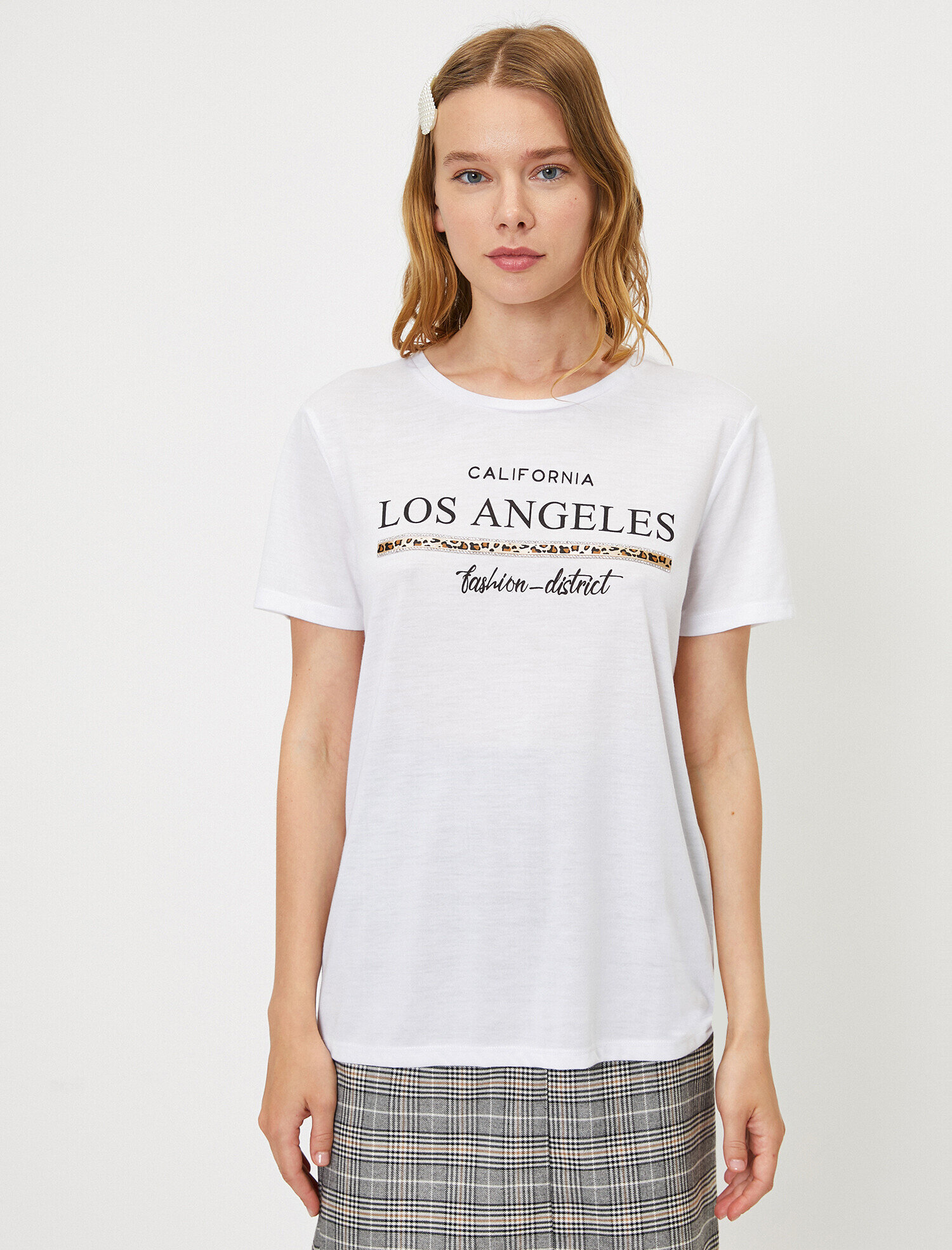   Leopar Desenli Yazı Baskılı Bisiklet Yaka Tişört