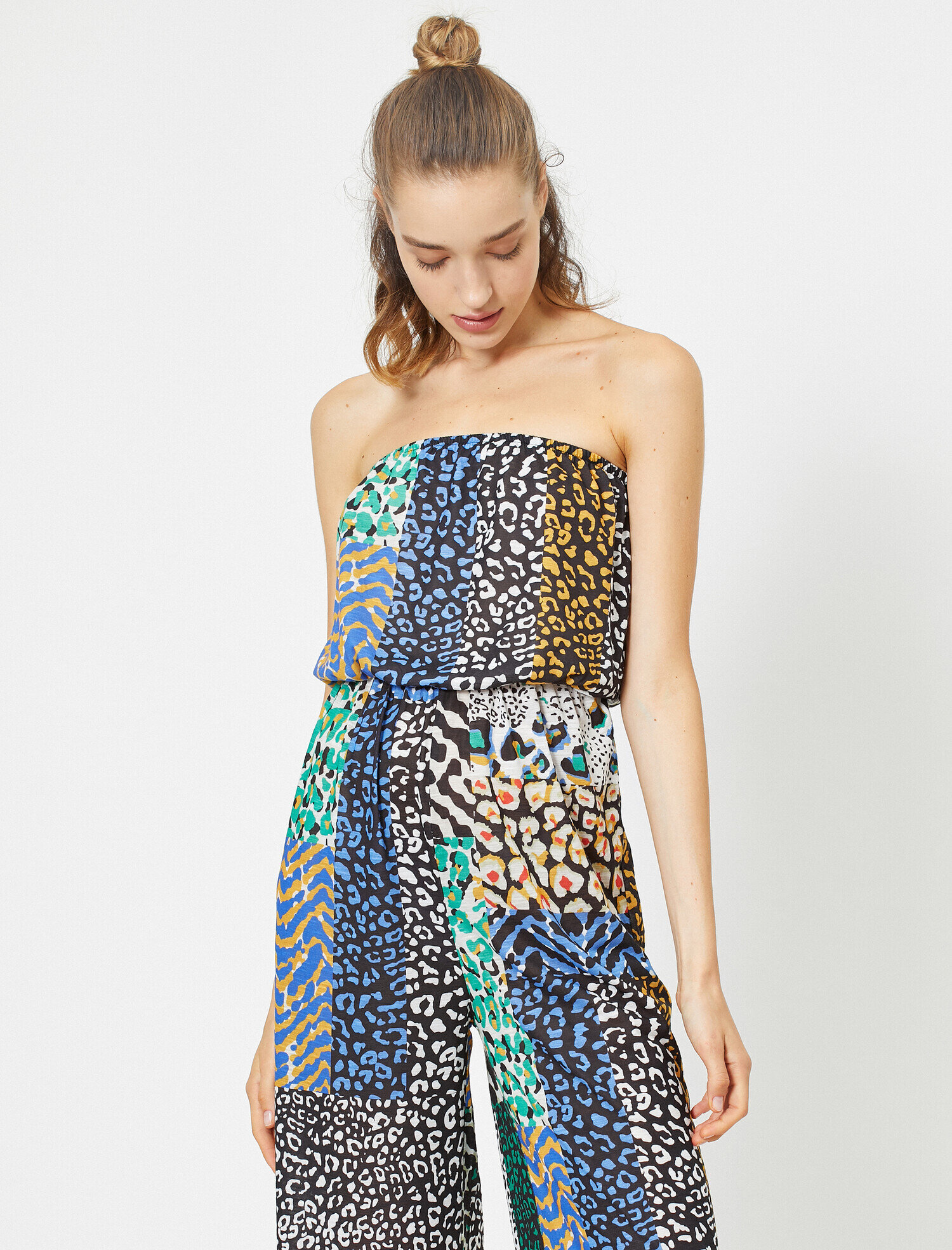 Omuz Detaylı Kolsuz Leopar Desenli Tulum