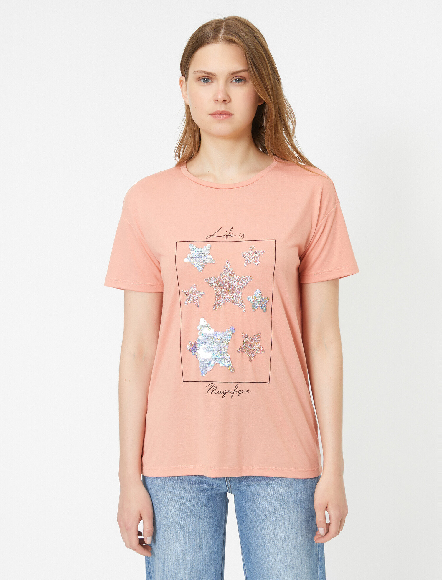   Yıldız Pul Payet Detaylı Geniş Kalıp Bisiklet Yaka Tişört