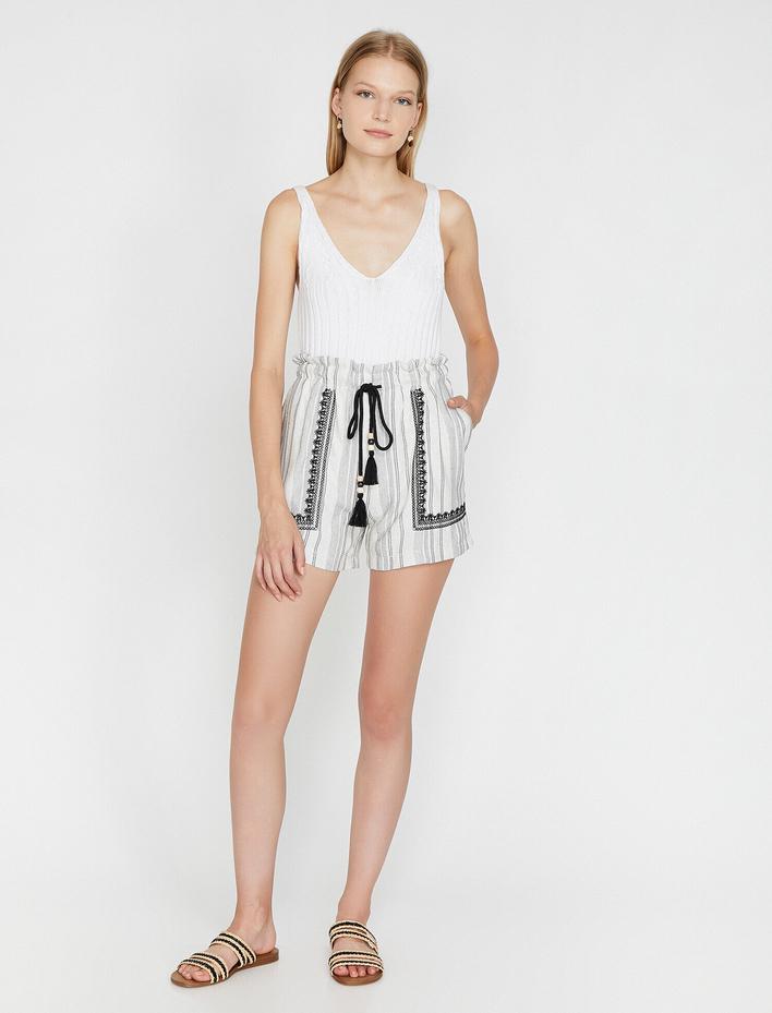  Çizgili Şort Keten Karışımlı