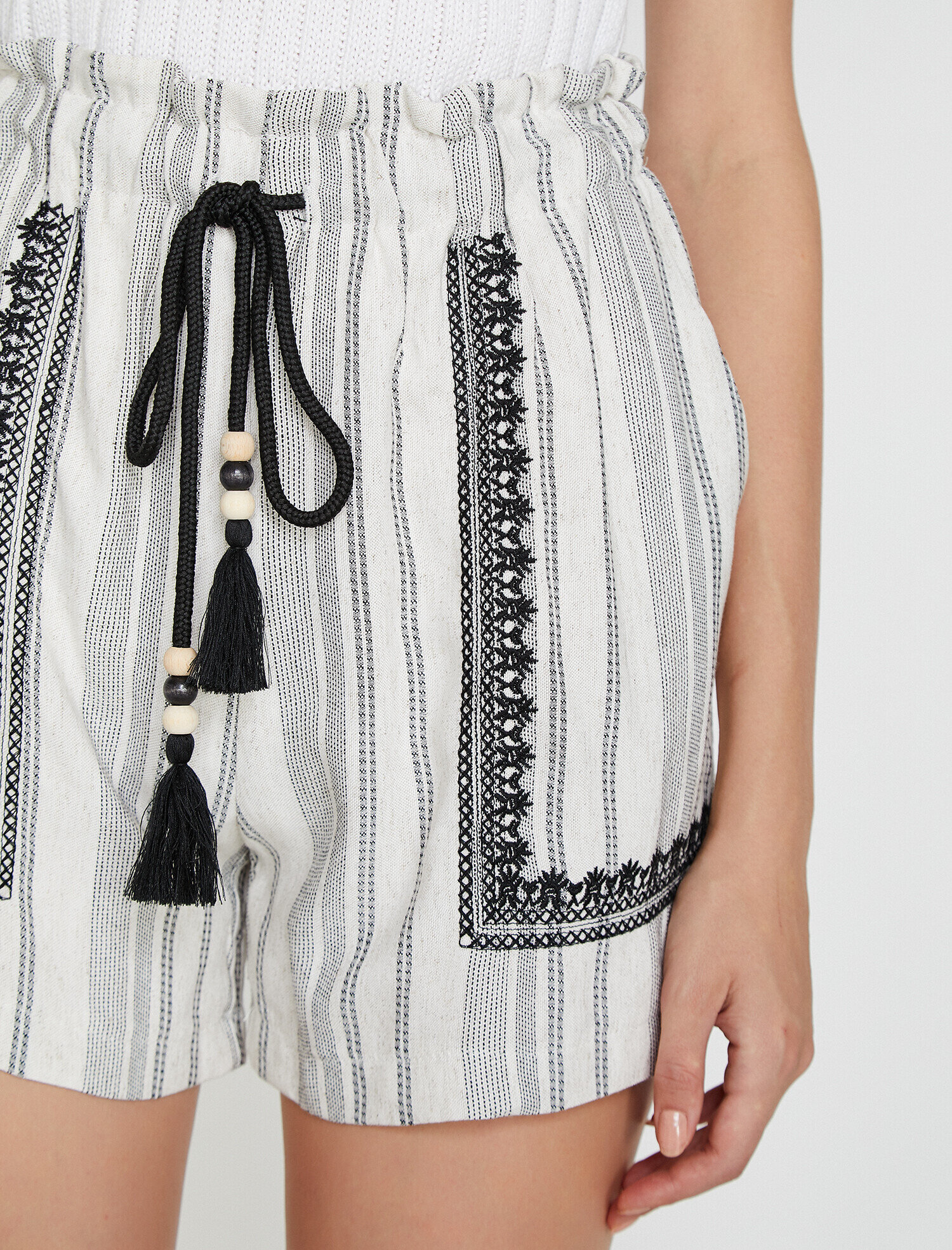   Çizgili Şort Keten Karışımlı