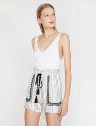 Çizgili Şort Keten Karışımlı