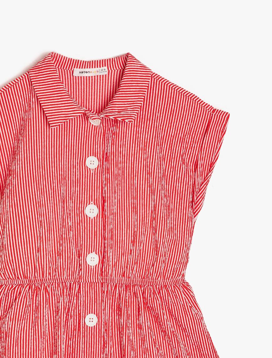  Kız Çocuk Elbise Gömlek Yaka Kısa Kollu Düğmeli Beli Lastikli