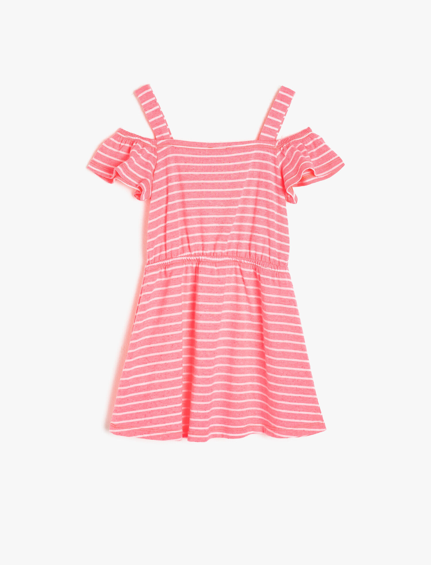  Kız Çocuk Çizgili Düşük Omuzlu Beli Büzgülü Orta Boy Elbise