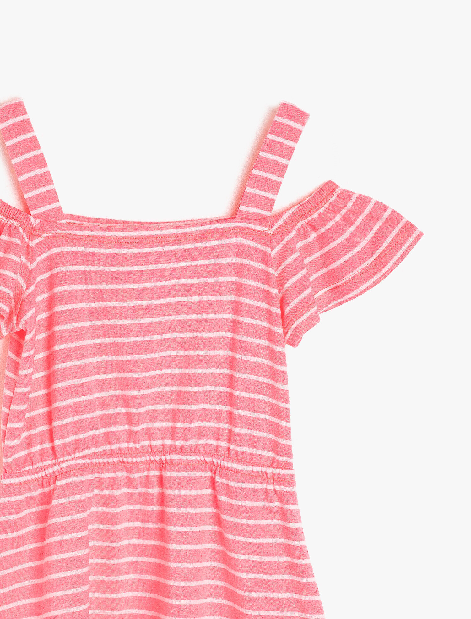  Kız Çocuk Çizgili Düşük Omuzlu Beli Büzgülü Orta Boy Elbise