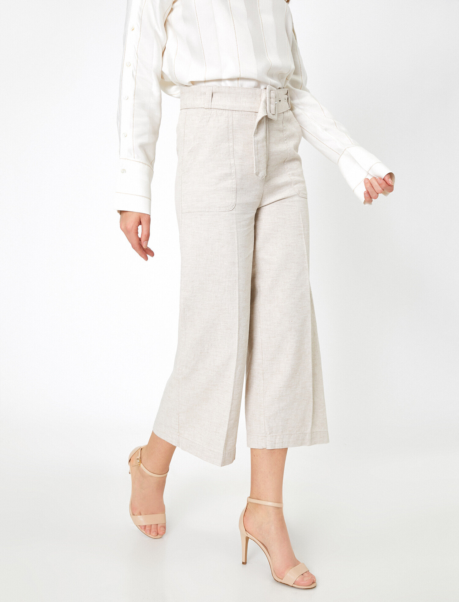   Normal Bel Cep Detaylı  Keten Karışımlı Pantolon