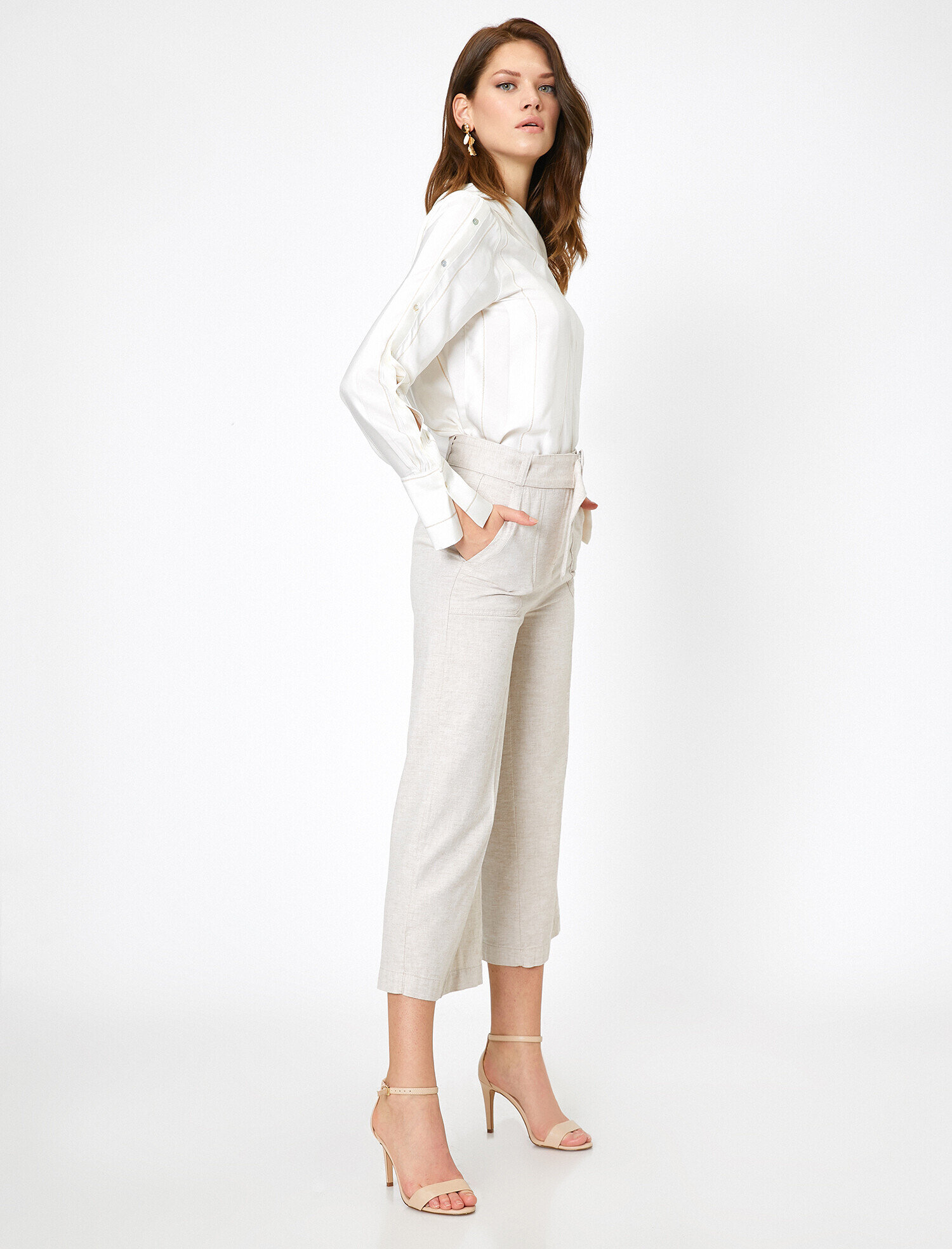   Normal Bel Cep Detaylı  Keten Karışımlı Pantolon