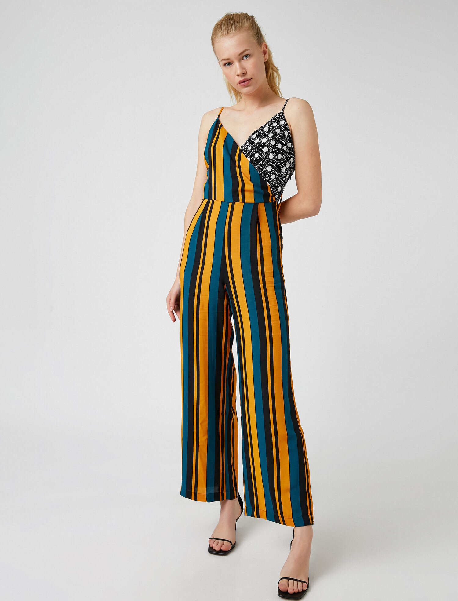   İnce Askılı Çizgili Desenli Tulum