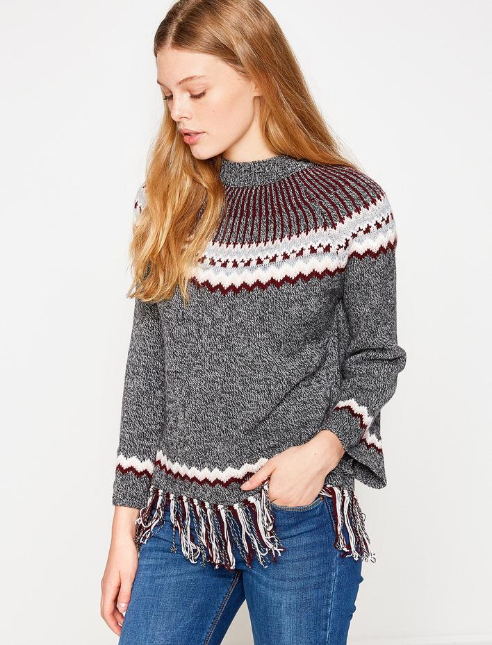  Püskül Detaylı Triko Tunik