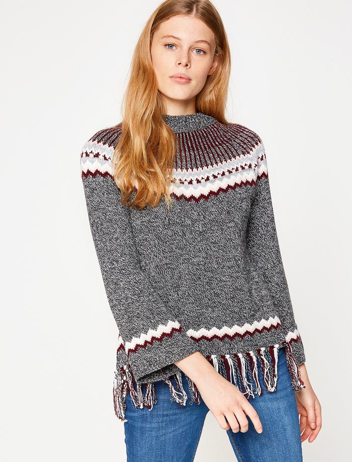  Püskül Detaylı Triko Tunik