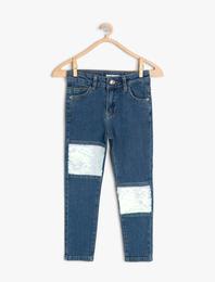 Kot Pantolon Pul-Payet İşlemeli Pamuklu Cepli - Slim Jean
