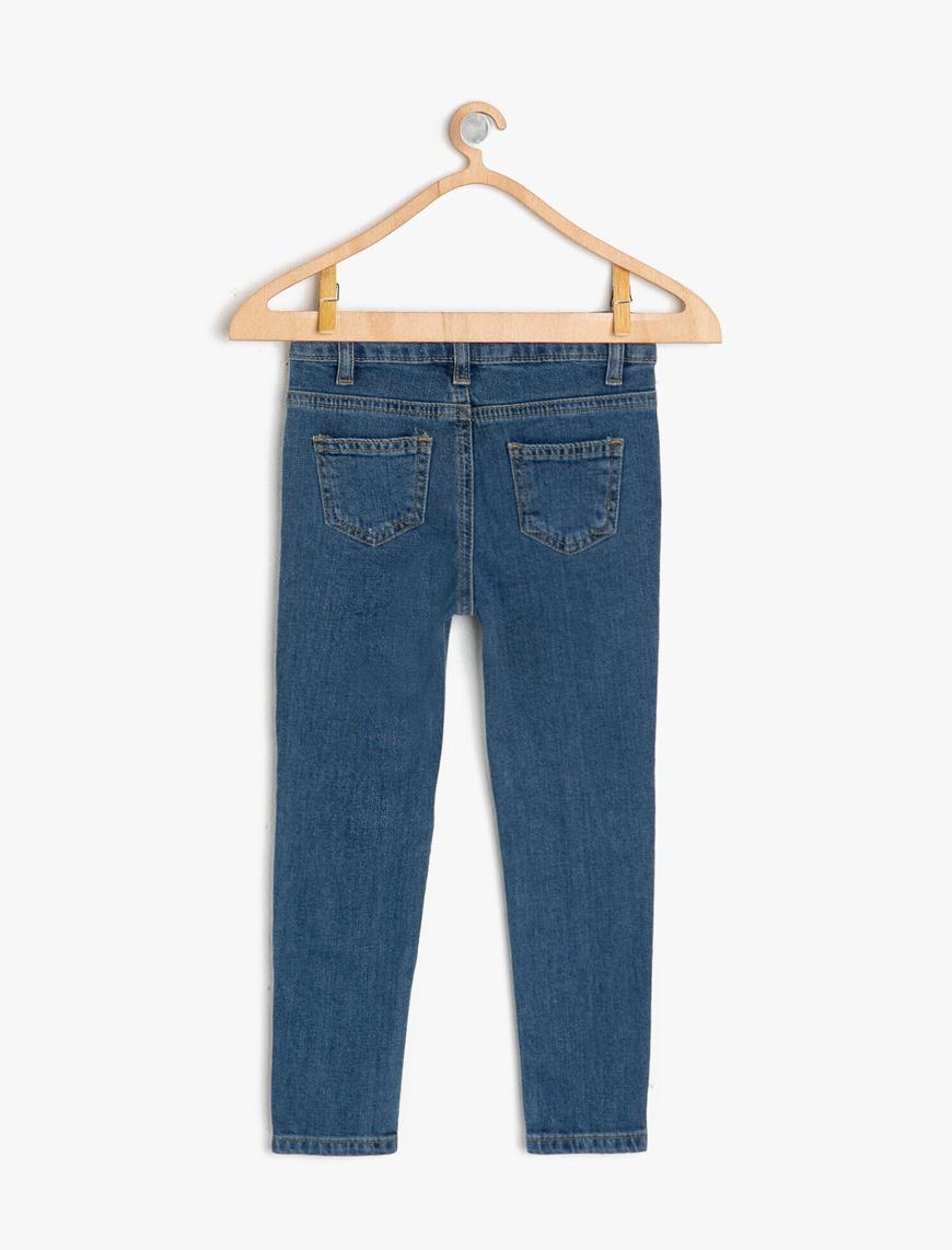  Kız Çocuk Kot Pantolon Pul-Payet İşlemeli Pamuklu Cepli - Slim Jean