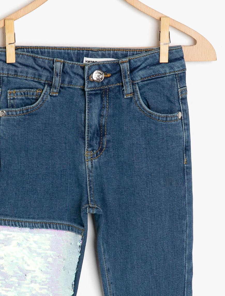  Kız Çocuk Kot Pantolon Pul-Payet İşlemeli Pamuklu Cepli - Slim Jean