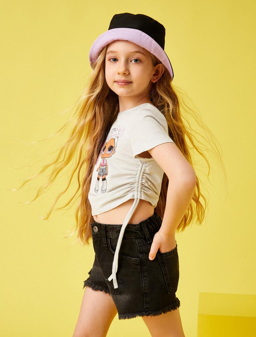  Kız Çocuk LoL Baskılı Crop Tişört Yanları Büzgülü Lisanslı