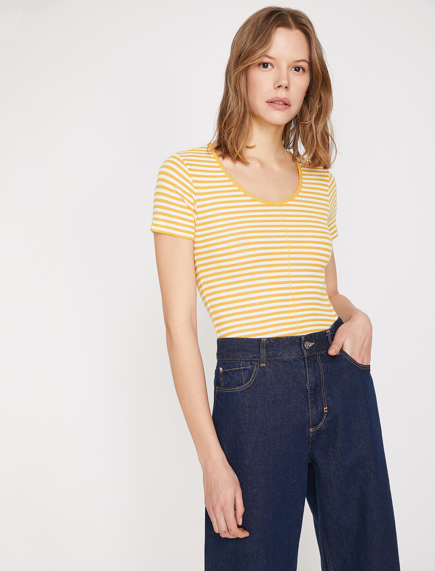 Fitilli Çizgili Karyoka Detaylı Bisiklet Yaka Basic Tişört