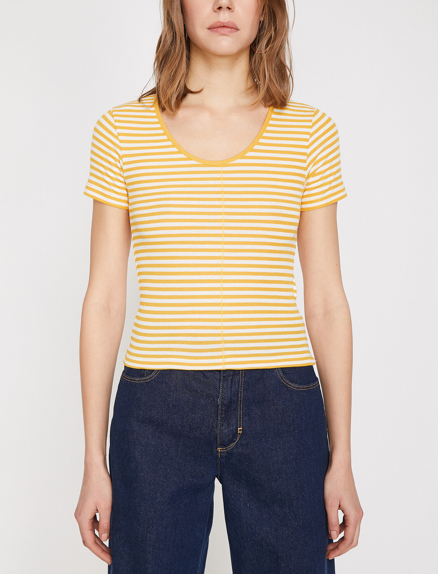 Fitilli Çizgili Karyoka Detaylı Bisiklet Yaka Basic Tişört