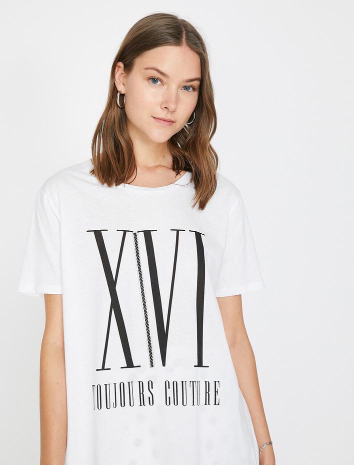  Yazı Baskılı Standart Kalıp Bisiklet Yaka Kısa Kollu Tişört