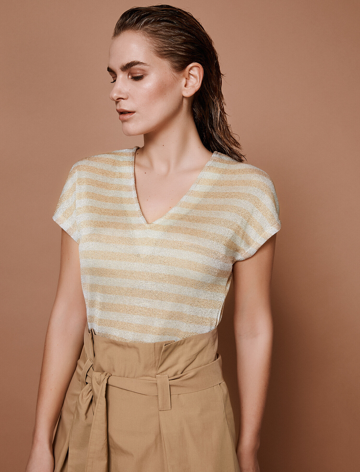   Kısa Kollu V Yaka Çizgili Simli Tişört