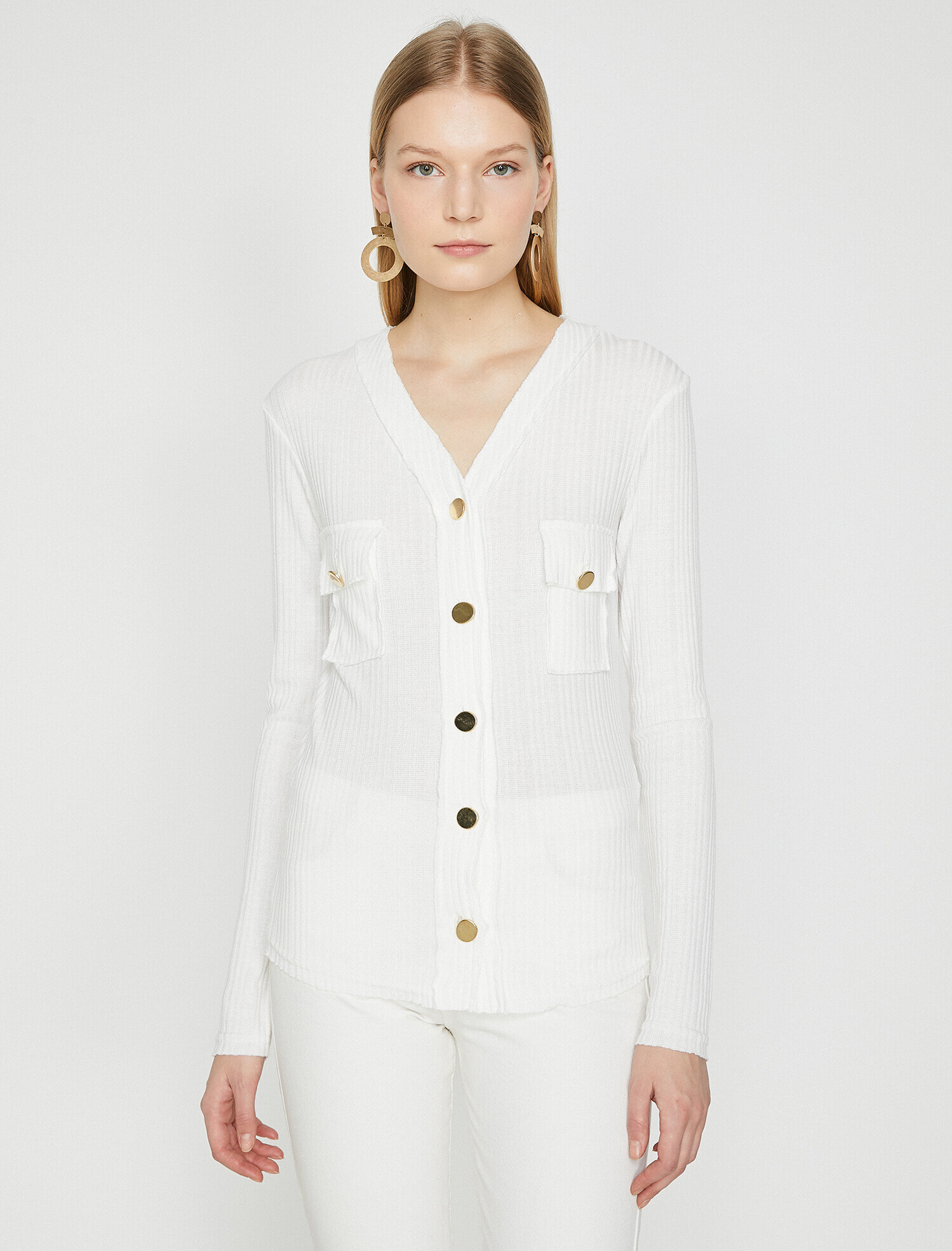   Altın Düğme Detaylı Uzun Kollu Tshirt