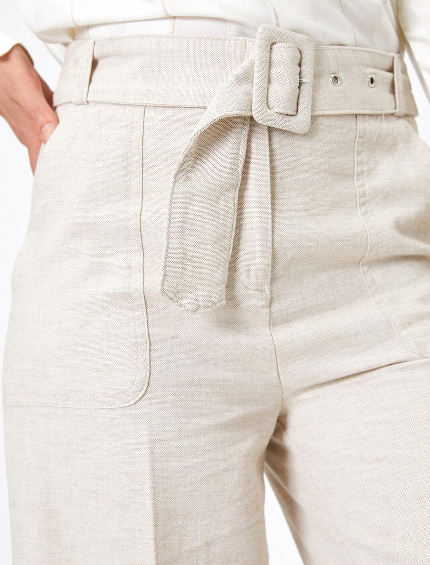   Normal Bel Cep Detaylı  Keten Karışımlı Pantolon