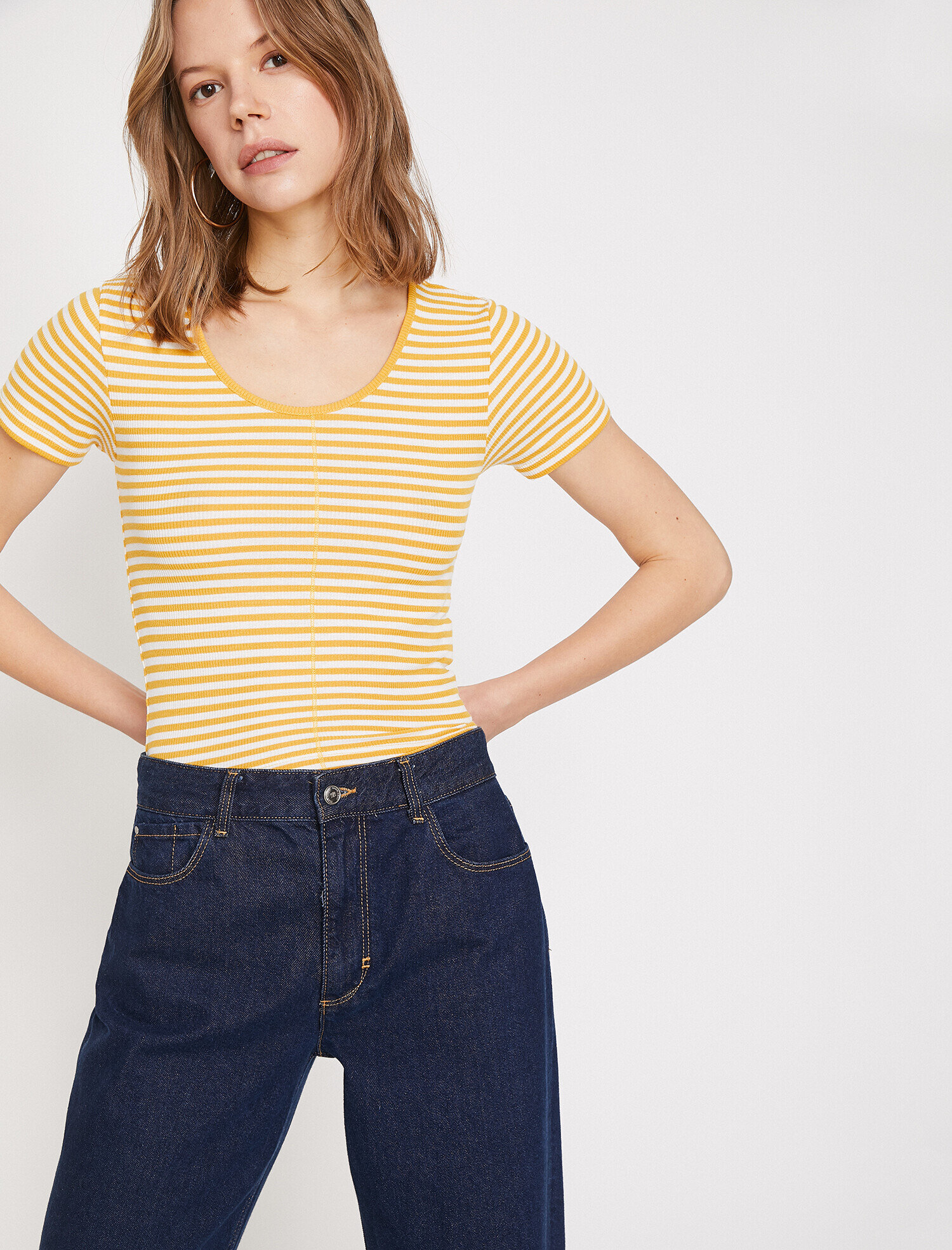 Fitilli Çizgili Karyoka Detaylı Bisiklet Yaka Basic Tişört