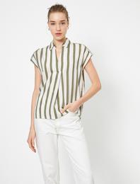 V Yaka Kısa Kollu Çizgili Bluz