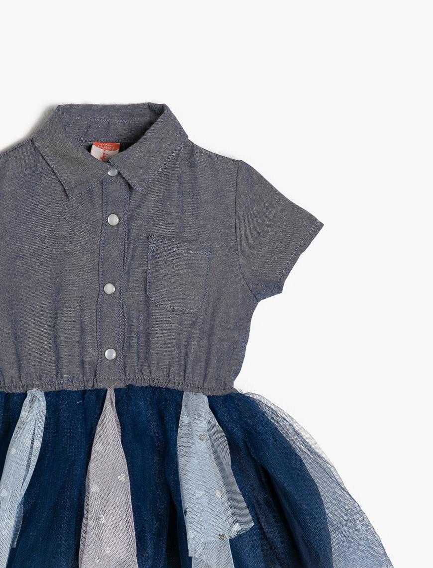  Kız Bebek Elbise Tütü Detaylı Gömlek Yaka  Kısa Kollu