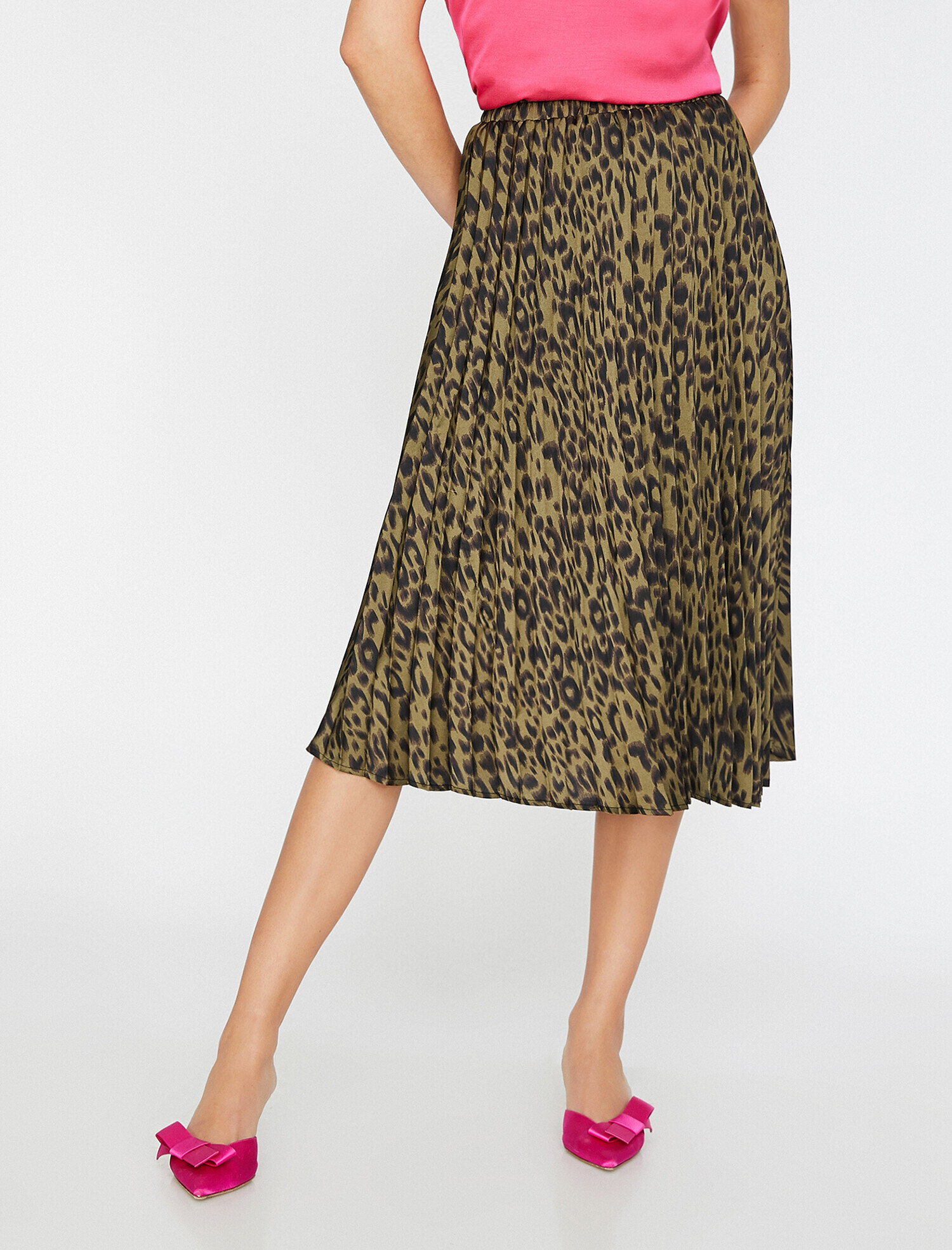   Leopar Desenli Pileli Midi Etek