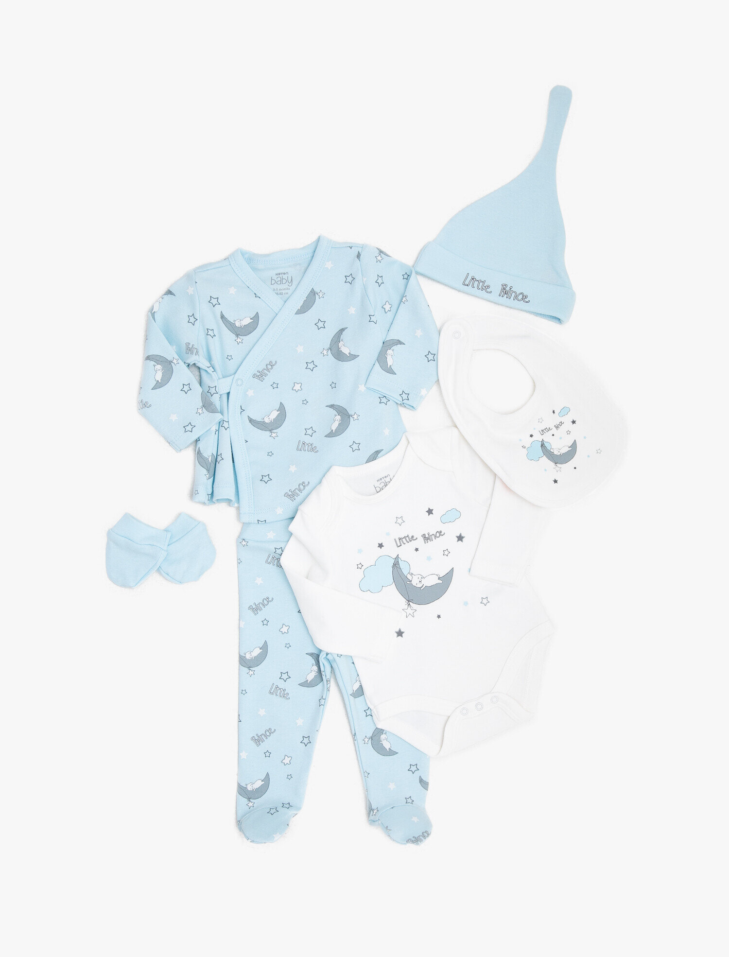  Erkek Bebek Hastane Çıkış Seti Pamuklu 6 Parça - Zıbın Uzun Kollu Body Önlük Şapka ve Eldiven