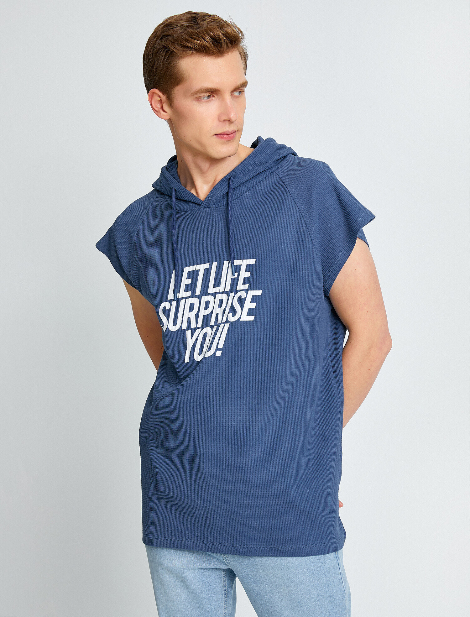   Oversize Kapşonlu Tişört Pamuklu Kolsuz Slogan Baskılı