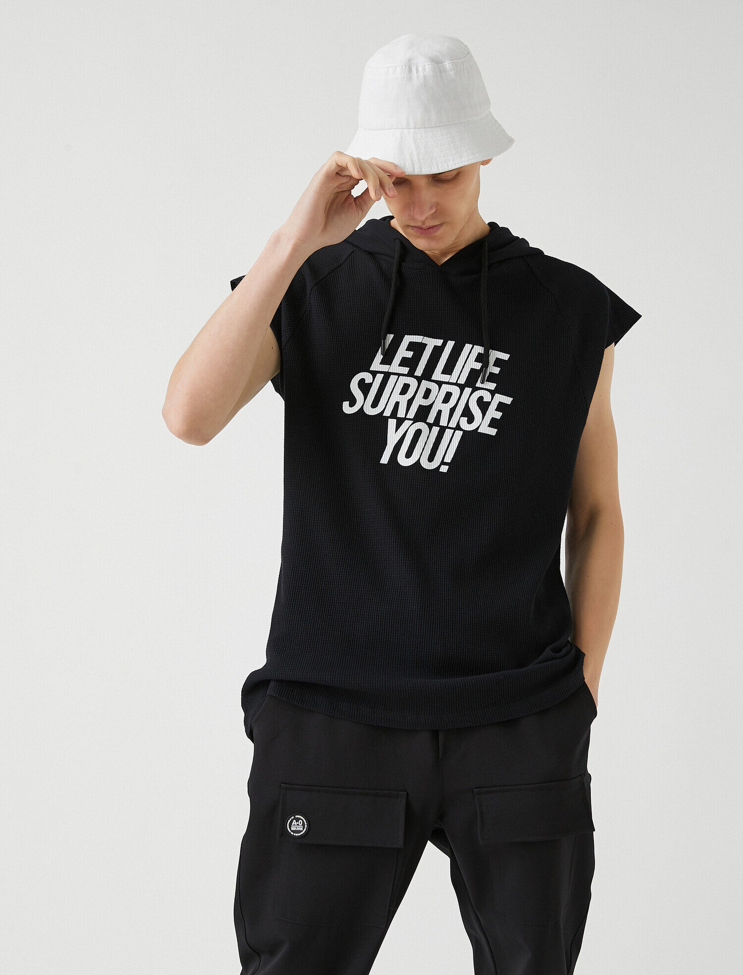   Oversize Kapşonlu Tişört Pamuklu Kolsuz Slogan Baskılı