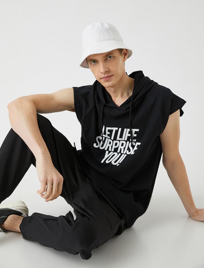  Oversize Kapşonlu Tişört Pamuklu Kolsuz Slogan Baskılı